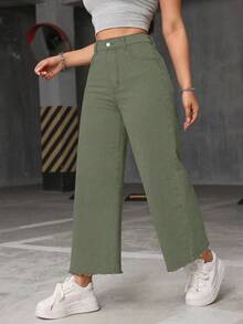 SHEIN ICON 大码女式休闲日常通勤简约纯色宽松阔腿牛仔裤 - 軍綠色 - 查看 5