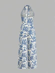 GlowEve 女士欧美风褶皱无袖印花连体裤，蓝色优雅无袖连身裤 - 彩色 - 查看 2