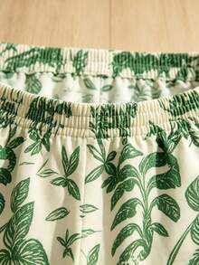 Conjunto de camiseta y shorts de cintura elástica con estampado de plantas tropicales versátil para niña preadolescente, ideal para vacaciones - Blanco - Ver 3