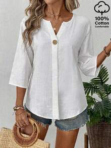 EMERY ROSE Women's Solid Color V-Neck 3/4 Sleeve Casual Shirt - White - View 5