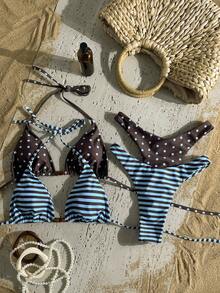 Mod Conjunto de bikini de 4 piezas para vacaciones en la playa, con rayas azules y base marrón, lunares azules y cuentas, para primavera/verano 2026 para mujeres - Multicolor 8 - Ver 10