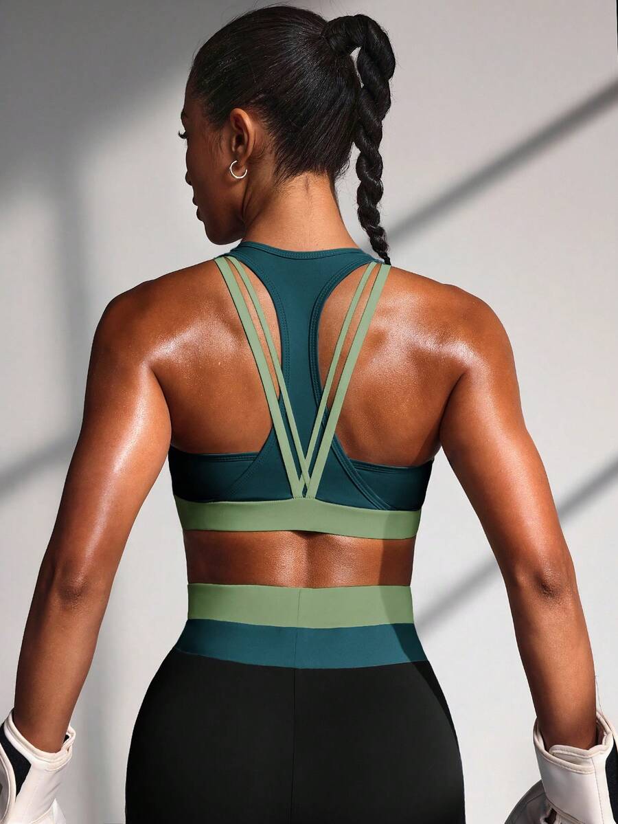 Powerista Sujetador deportivo casual de mujer con estampado de letras y contraste de colores - Verde Oliva - Ver 1