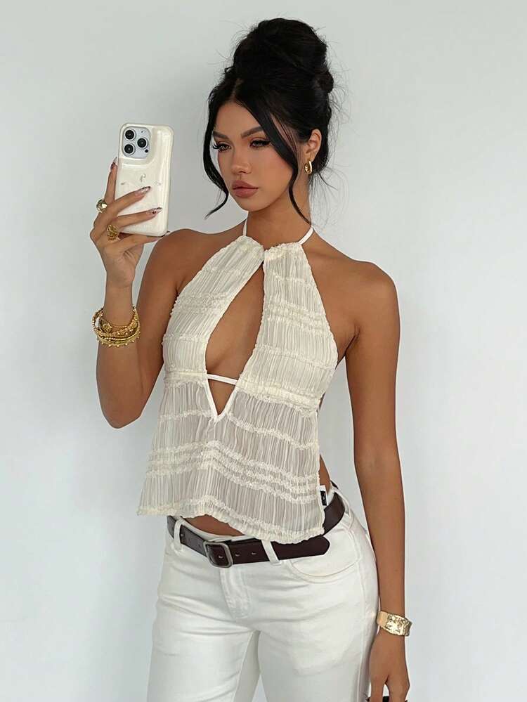 Textured Pleated Fabric Solid Color Sexy Halter Backless Tie-Up Casual Beach Summer Top