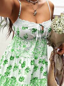 Sunnyshic French Romantic Cute Floral Fabric Flared Hem Spaghetti Strap Dress, Sweet Puff Skirt Dress Vacation White Summer - Green - View 7
