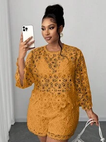 Plusstorlek Elegant enfärgad urholkad blus, sommar - Gul - Visa 6