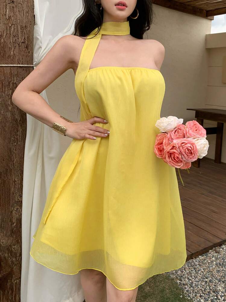 Yellow,Summer,Tropical,Garden Party,Vacation,Holiday Spring & Summer Halter Dress With Tie Design,Slim Fit Elegant A-Line Short Sun Dresses For Women