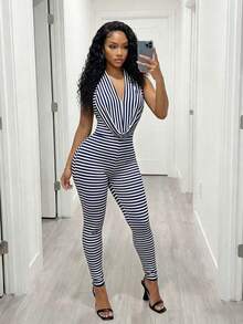SHEIN BamGlam Mono de mujer con cuello drapeado a rayas - Azul Marino - Ver 7