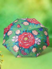 Frida Kahlo X SHEIN 1pc Floral Pattern Printed Umbrella, UV Protection UPF 50+, Perfect For School, Work, Outdoor And Daily Use, Designed For College Students, High School Students, Men And Women, Mexican Style, Tropical Flowers, Butterfly, Frida Kahlo, Vintage Art, Women Power - color - View 3