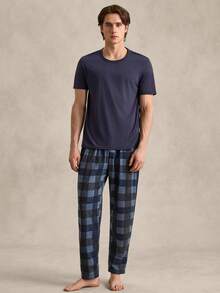 EverLounge 2 件套男士纯色短袖格子裤睡衣套装，家居服 - 藏蓝色 - 查看 3