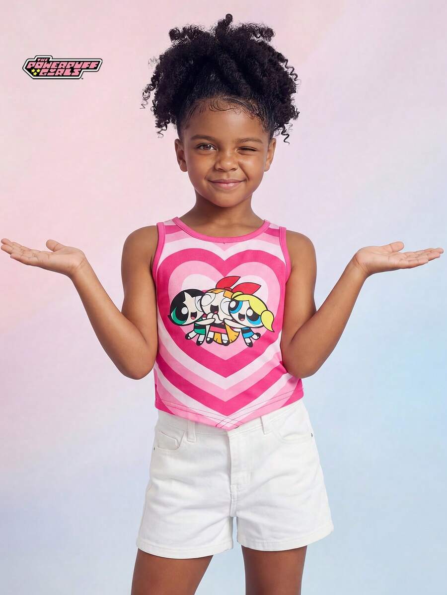 THE POWERPUFF GIRLS X SHEIN Maija Kids 女童圆领修身不对称下摆吊带背心，春夏款 - 粉色 - 查看 1