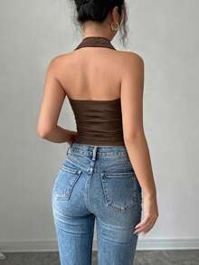 SHEIN Elenzya Women's Elegant Black Draped Neck Sleeveless Fitted Tank Top With Metal Decor, Ruched Design, Suitable For Spring And Summer Zipper Top Body Tops For Ladies - Coffee Brown - View 2