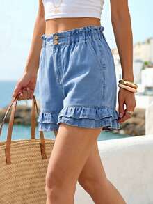 Breezaya Short en jean à double volant avec poches pour femmes - Bleu azur - Voir 3