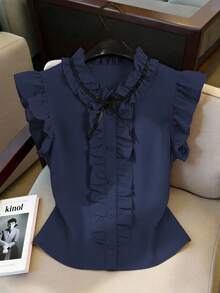 Elladie kids 少女春夏休闲优雅通勤甜美圆领无袖荷叶边复古风衬衫，纯色衬衫 - 藏蓝色 - 查看 4