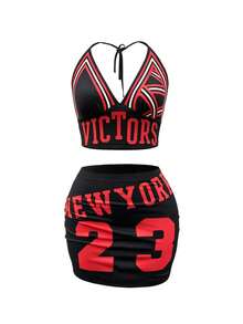 Gowayae Gowayae 女士露背吊带蝴蝶结吊带背心+印花T恤+修身半裙两件套，性感优雅度假装，夏季；女士休闲上衣+半裙两件套，黑色，度假/假日装；女士休闲上衣，运动迷装，足球啦啦队服，大胆夏季两件套，黑色 - 彩色 - 查看 10