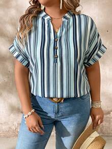 EMERY ROSE Camisa de talla grande con cuello en V a rayas de colores y mangas enrolladas - Multicolor - Ver 3