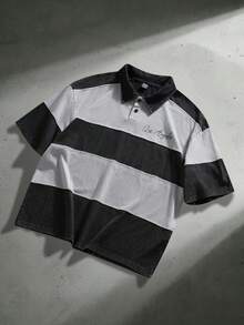 ROMWE MEN Men's Washed Striped Loose Polo Shirt, Spring/Summer - Multicolor - View 1
