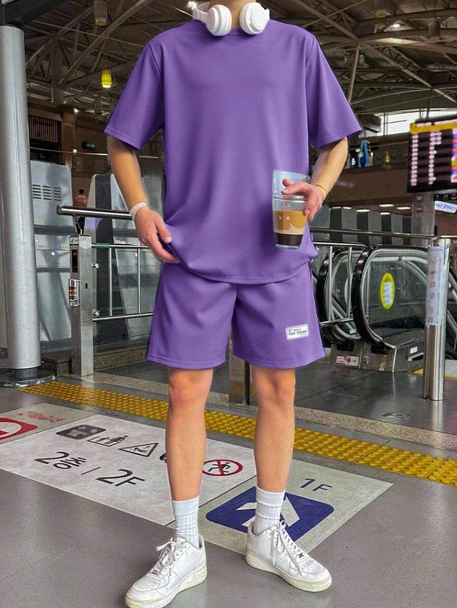 SHEIN 2件套青少年男童休闲宽松舒适织唛装饰短袖上衣和短裤套装,适合春夏穿着 - 紫色 - 查看 1