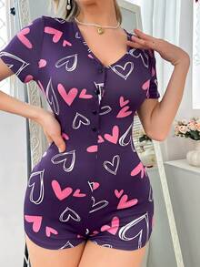 SHEIN 心形图案女士睡衣连体裤 - 紫色 - 查看 3