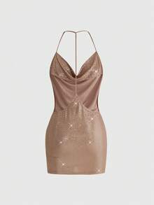 ROMWE Y2K Spring/Summer Women's Sexy Backless Spaghetti Strap Mini Dress With Shiny Sequin Fabric, Low-Cut Plunging Neckline - Khaki - View 8