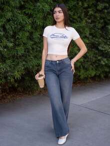 Andrea Bello 女式简约前扣口袋休闲牛仔裤 - 藍色 - 查看 1