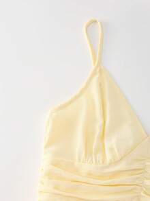 Selianne Women's Yellow Spaghetti Strap V-Neck Waist Gathered Ruffle Hem Dress, Gentle Style For Date And Outing, Minimalist Long Dress For Spring/Summer - Yellow - View 6