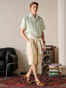 VeloEdit Khaki Color Men's Solid Folding Pleated Shorts, Woven, Camel, Suitable For Commuting In Summer Old Money & Pocket & Zipper, Basic & Boyfriend - Camel - View 7