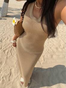 SHEIN Holidaya 新款性感比基尼，休闲日常沙滩装，无袖极简针织度假连衣裙，优雅休闲风，渔网纹理，法式性感女孩风，波西米亚风，百搭高端女士毛衣连衣裙 - 駝色 - 查看 6