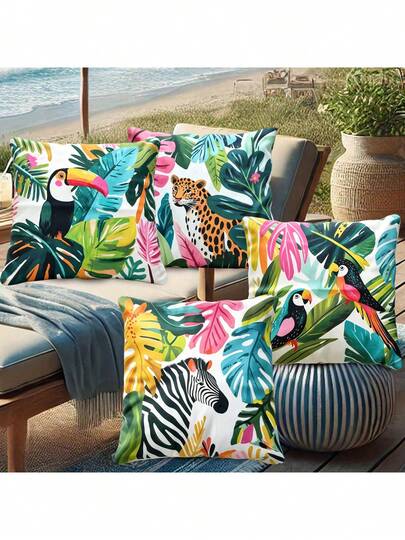 4pcs Tropical Animal Pattern Outdoor Pillow Covers, Zipper Closure Decorative Pillow Cases For Patio, Garden, Hanging Chair, Sofa - Pillow Inserts Not Included