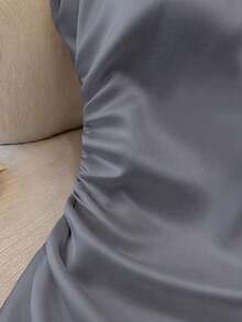 Franclia Blusa elegante de mujer con cuello redondo, cintura ceñida, plisada, de manga corta, versátil y de color melocotón claro sólido - Gris Claro - Ver 4