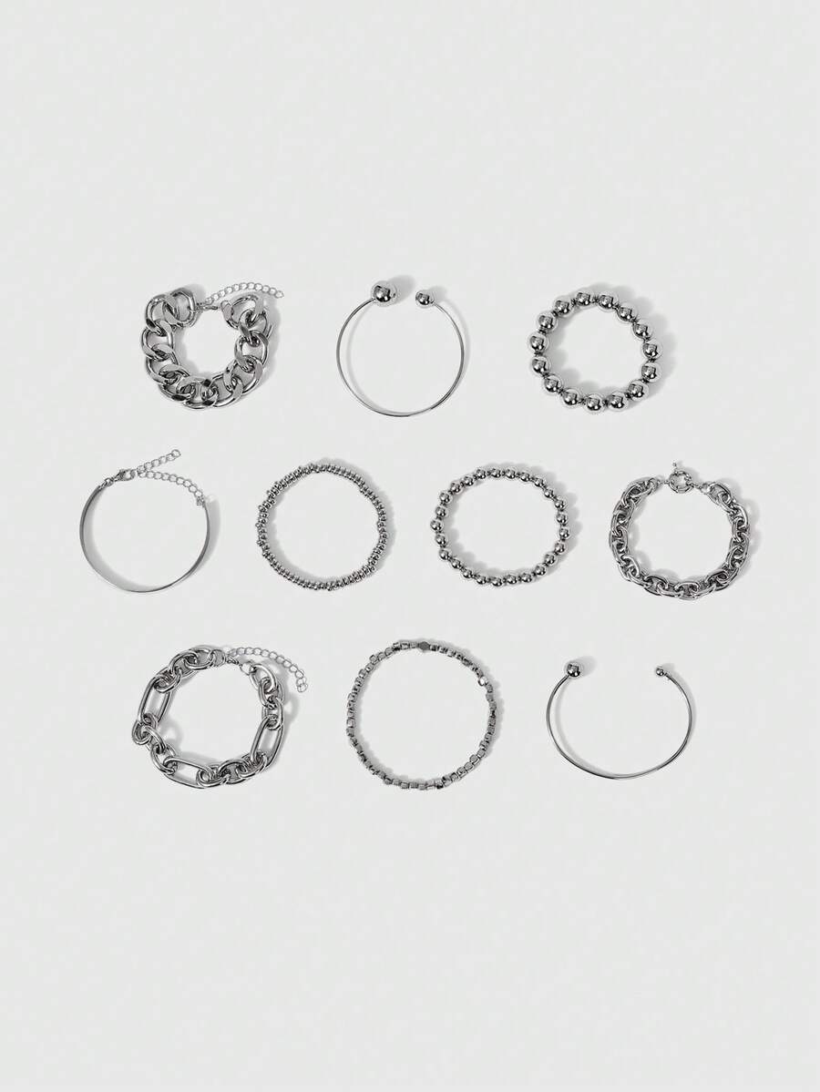 ROMWE Grunge Punk 10件套复古夸张简约古币设计多层粗链串珠手链及手镯套装，适合约会、度假、日常佩戴、派对、节日等场合，是送给女性的绝佳礼物。