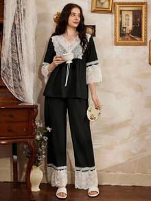 Côtesoire Bộ đồ ngủ nữ ren thanh lịch kiểu Pháp lãng mạn - màu đen - Xem 5