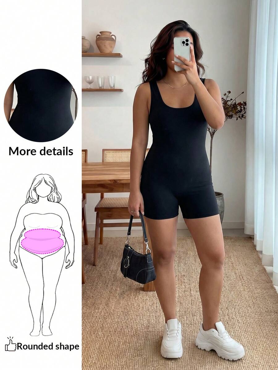 Enliva Bộ áo liền quần ngắn bó sát không tay màu đen dành cho nữ Plus Size, mùa hè - màu đen - Xem 1