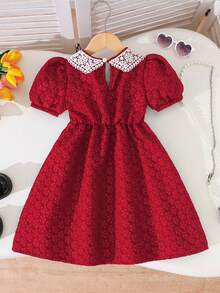 Elladie kids 女童圓領蕾絲荷葉邊時尚派對泡泡袖洋裝 - 紅色 - 查看 2