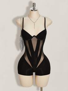 SHEIN ICON Bộ jumpsuit hai dây gợi cảm, màu trơn, chất liệu lưới phối ren, dành cho nữ, thích hợp đi dự tiệc mùa hè Y2K (phong cách thập niên 2000), kiểu dáng câu lạc bộ, Coachella. - màu đen - Xem 3