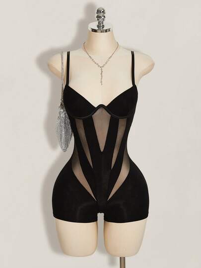 SHEIN ICON Bộ jumpsuit hai dây xuyên thấu gợi cảm màu trơn phối lưới dành cho nữ