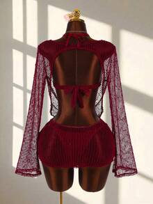 3 piezas Conjunto de Bikini Sexy de Mujer - Top, Bottom y Cubridor - Burdeos - Ver 2