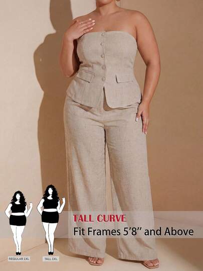 SHEIN Tall CURVE CURVE New Plus Size Women's Tall GirlsElegant Commuter Front Button Camisole Top And Pants Two Pieces Set, Summer,Makes You Look Slimmer , Tall Women Pants,Suitable For Tall Women.High-Waisted Makes You Look Slimmer And Your Legs Longer, Suitable For Tall Women.Suitable For All Seasons And Occasion,Suitable For Tall Girls& Women, Summer Tank Top,Summer Summer Tank Top Summer Outfits Summer Holiday Outfits Long Summer Tank Top For Women Spring Outfit ,Tank Top,Casual Tank Top,High-Waisted Slimming Tank Top For Summer,Elegant Women's Ceremony Pants ,Elegant Pants For Party,Elegant Pants For Ladies,Vacation Outfits Women,Holiday Outfits For Women,Summer Holiday Outfits,Summer Vacation Outfits,Carnival Carnival Costume Carnival Women Look 2026 2026 Carnival Women Carnival Clothes Carnival Costume