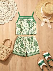 Conjunto de camiseta y shorts de cintura elástica con estampado de plantas tropicales versátil para niña preadolescente, ideal para vacaciones - Blanco - Ver 4