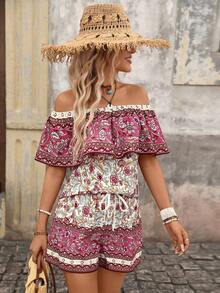 Brillora Setelan 2 Potong Wanita Motif Bunga Boho, Atasan Bahu Terbuka Berkerut dan Celana Pendek Bertali Serut, Warna Beige, Pakaian Kasual Liburan Pantai Musim Panas - Purple - View 7