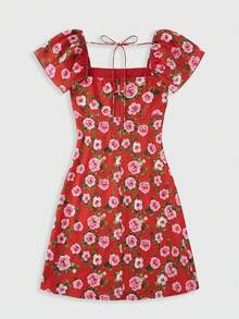 lacRébo Pink Floral Print Red Woven Midi Dress With Short Sleeves And Open Back Detail Chic Spring Summer Holiday Dress Red Vacation Dress French Style Parisian Style - Red - View 8