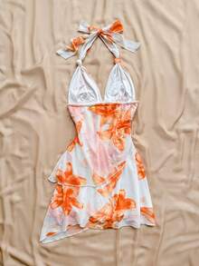 Soleia Đầm ngắn gợi cảm kiểu vintage ombre cổ chữ V buộc dây bằng vải lưới xếp ly bất đối xứng, thích hợp cho kỳ nghỉ của phụ nữ. - trái cam - Xem 2