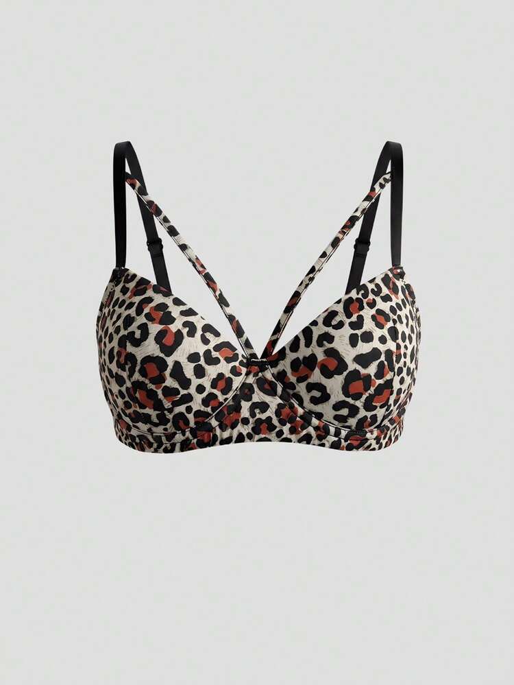 Leopard Print Adjustable Spaghetti Strap Lightly Padded Bra For Women