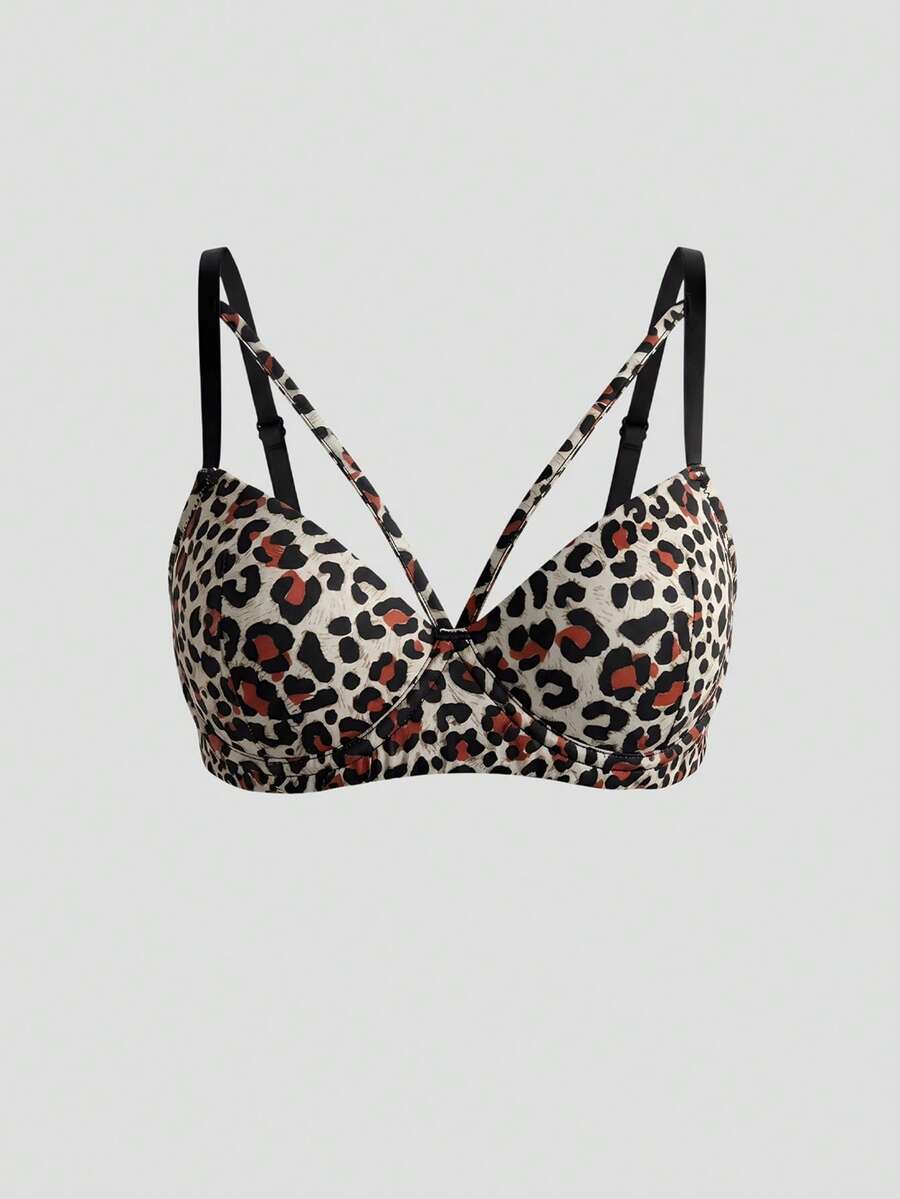 DAZY Sujetador con tirantes de espagueti ajustable y ligeramente acolchado con estampado de leopardo para mujeres - Negro - Ver 1
