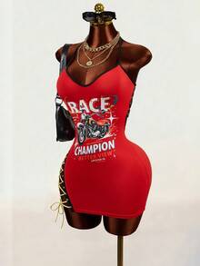 BamGleam Women's Fashion Letter & Motorcycle Graphic Print Lace-Up Camisole Dress - Red - View 5