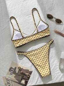 Swim Mod 棕色波点印花荷叶边可爱休闲沙滩度假女士泳衣套装 - 黃色 - 查看 2