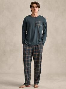 EverLounge Set de pijama de 2 piezas para hombre con top de manga larga con bolsillo de parches y pantalones largos a cuadros. Detalles cómodos y elegantes para otoño e invierno. - Verde Oliva - Ver 1