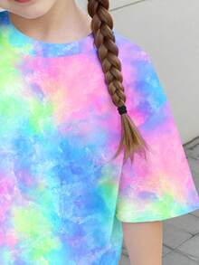 Colorful Tie-Dye Print Pattern, Young Girl Casual Short Sleeve T-Shirt And Leggings 2-Piece Set - Multicolor - View 6
