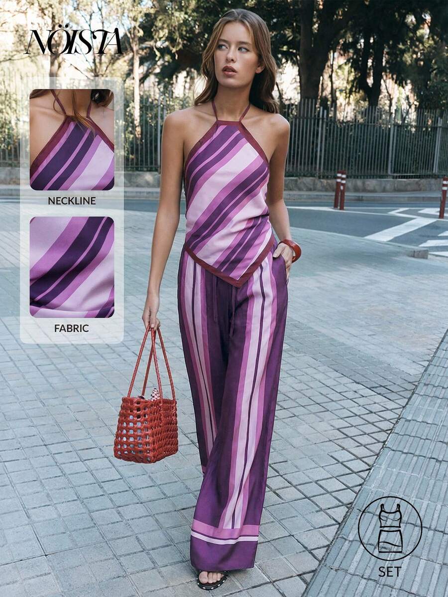Nöista Women's 2pcs Halter Neckline Co-Ord Set, Diagonal Stripes Top Vertical Stripe Wide-Leg Pants, Pink, Summer, Casual, Vacation, Spring, Easter - Purple - View 1
