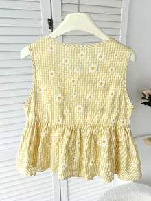 SHEIN 少女休闲日常度假格子花卉图案前蝴蝶结无袖上衣 - 黃色 - 查看 2