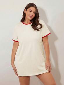 SHEIN BASICS Đầm thun tay ngắn cổ tròn dáng suông dành cho nữ cỡ lớn - Đỏ - Xem 5